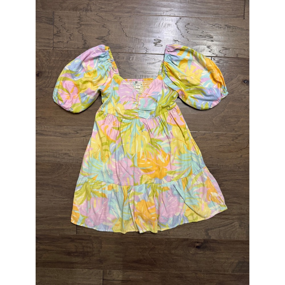 Billabong Mini Dress Womens Medium Multicolor Cotton Tropical Puff Sleeve Boho
